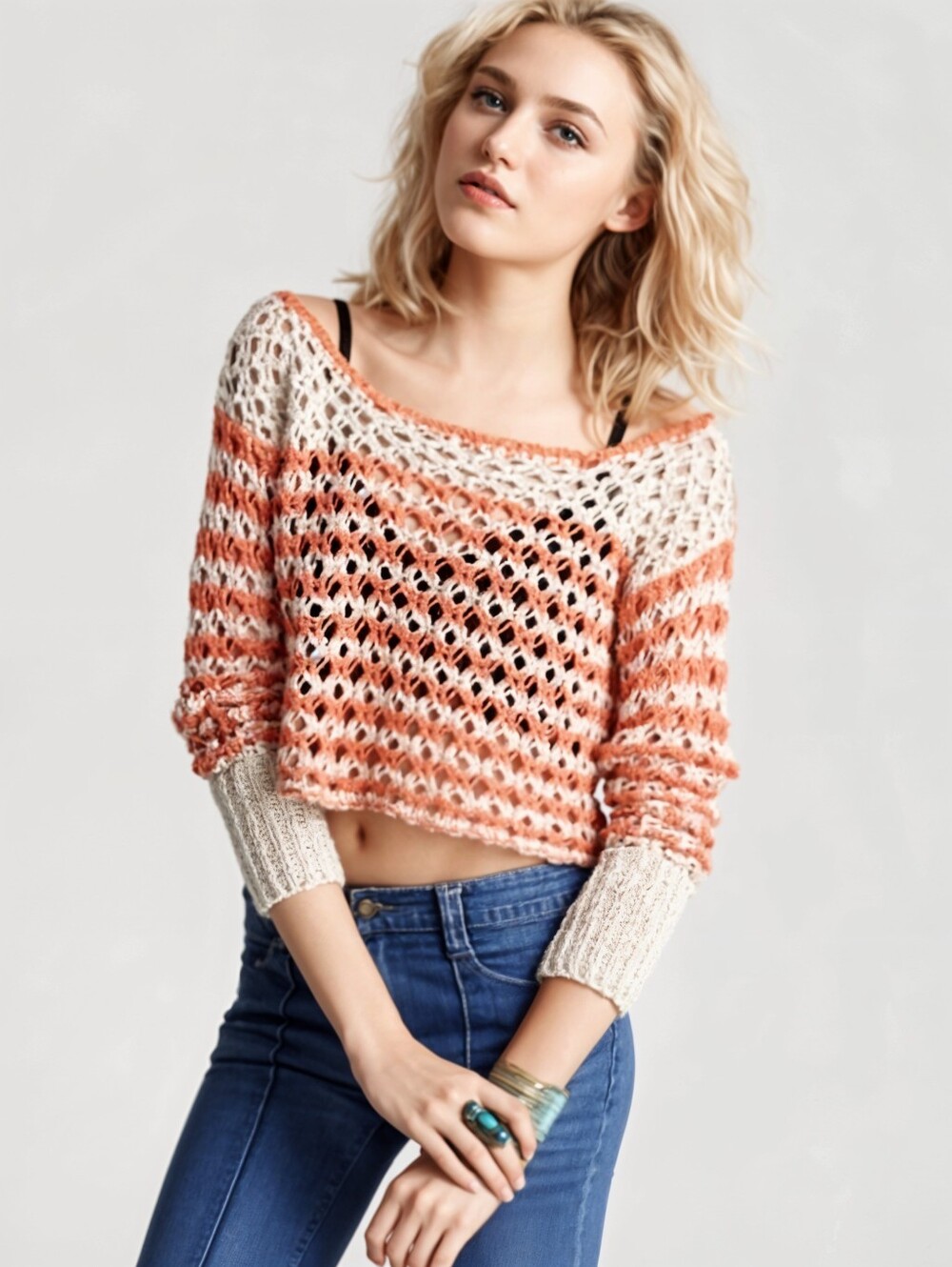 Free People Cropped Orange Striped Crochet Sweater
